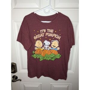 PEANUTS Men's Large Burgundy Red Great Pumpkin Charlie Brown Short Sleeve Tee